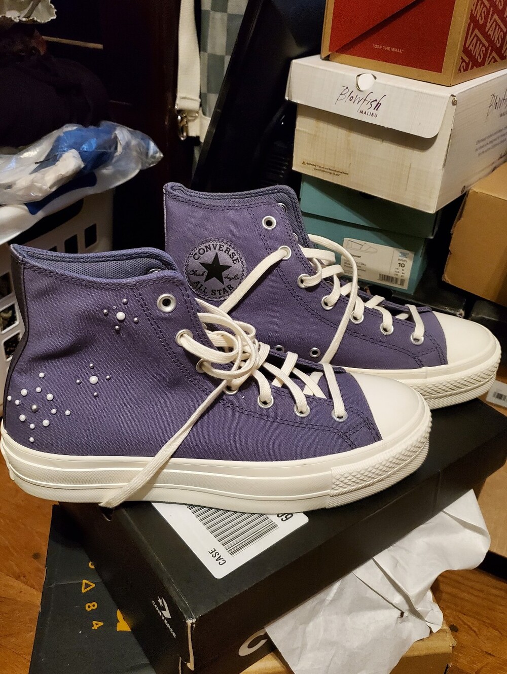 Converse Purple High-Top Sneakers with Pearl Bead Accents